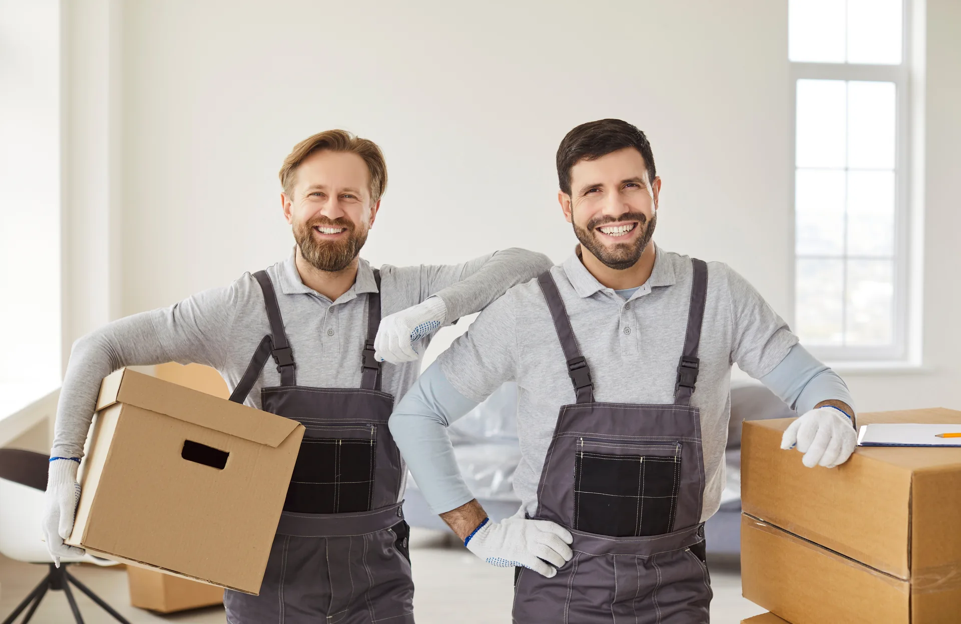 Umzugsteam trägt Umzugskartons aus der Wohnung